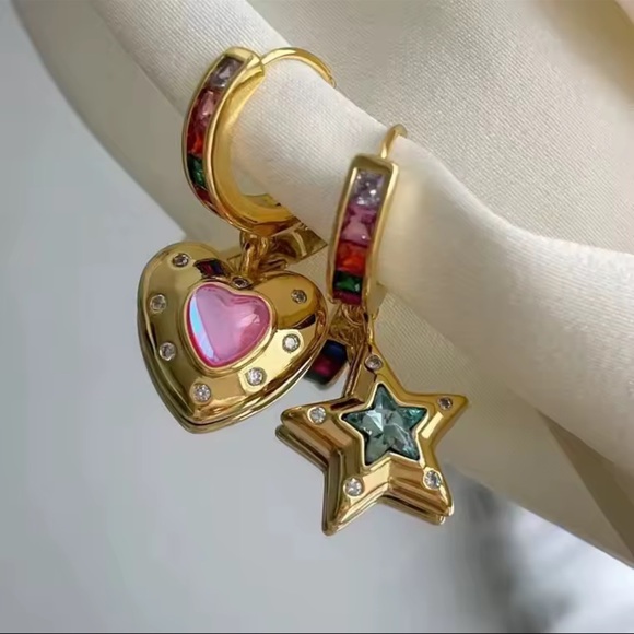Gold Rainbow Charm Earrings –Heart & Star Drop, Colorful Crystal Statement Hoops - Picture 3 of 8